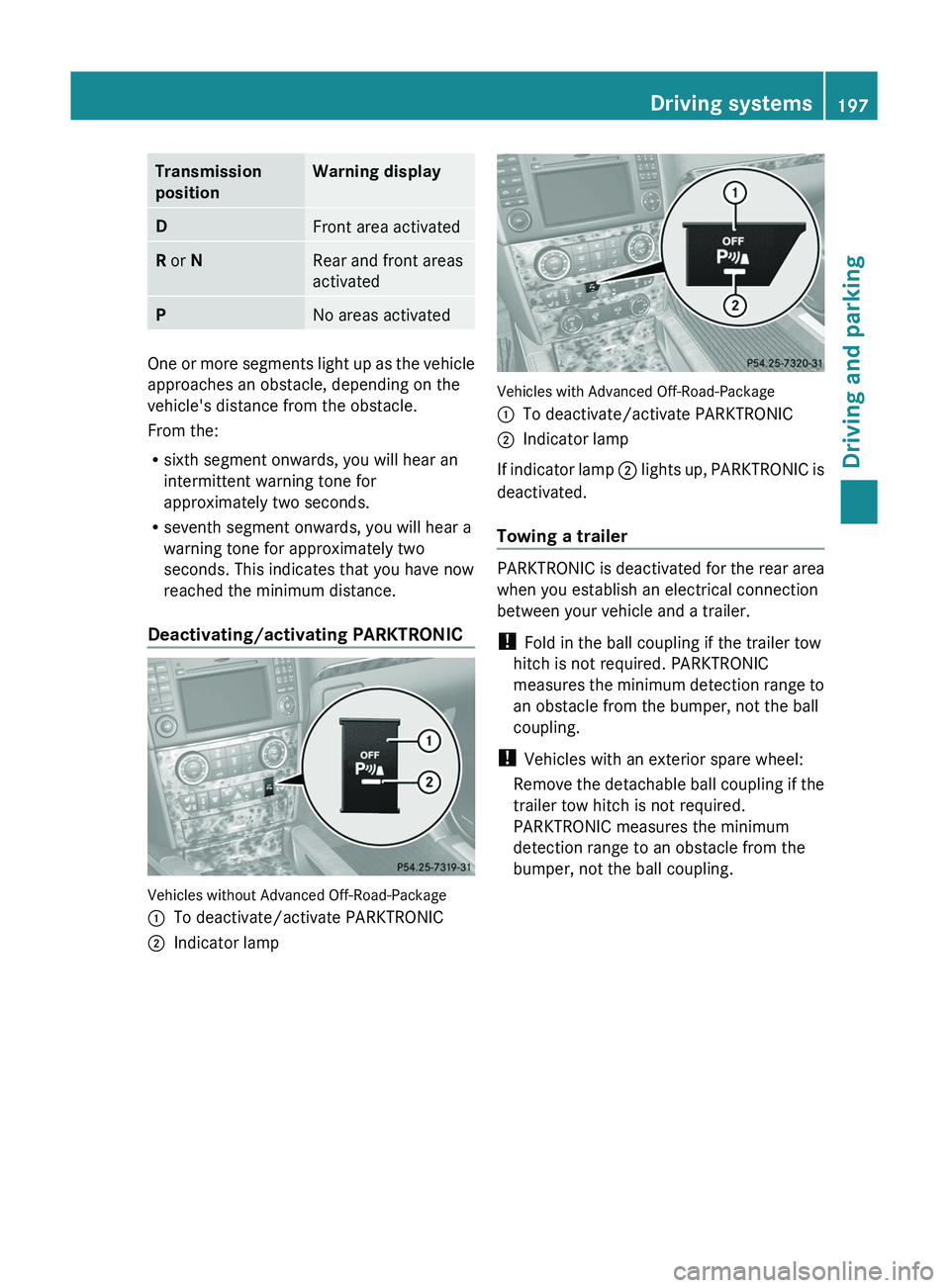 MERCEDES-BENZ GL 2011  Owners Manual Transmission 
positionWarning displayDFront area activatedR  or NRear and front areas
activatedPNo areas activated
One or more segments light up as the vehicle
approaches an obstacle, depending on the