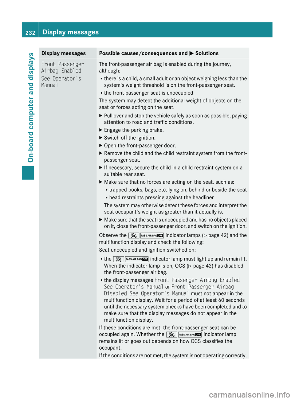 MERCEDES-BENZ GL 2011  Owners Manual Display messagesPossible causes/consequences and M SolutionsFront Passenger 
Airbag Enabled
See Operator's 
ManualThe front-passenger air bag is enabled during the journey,
although:
R there is a 