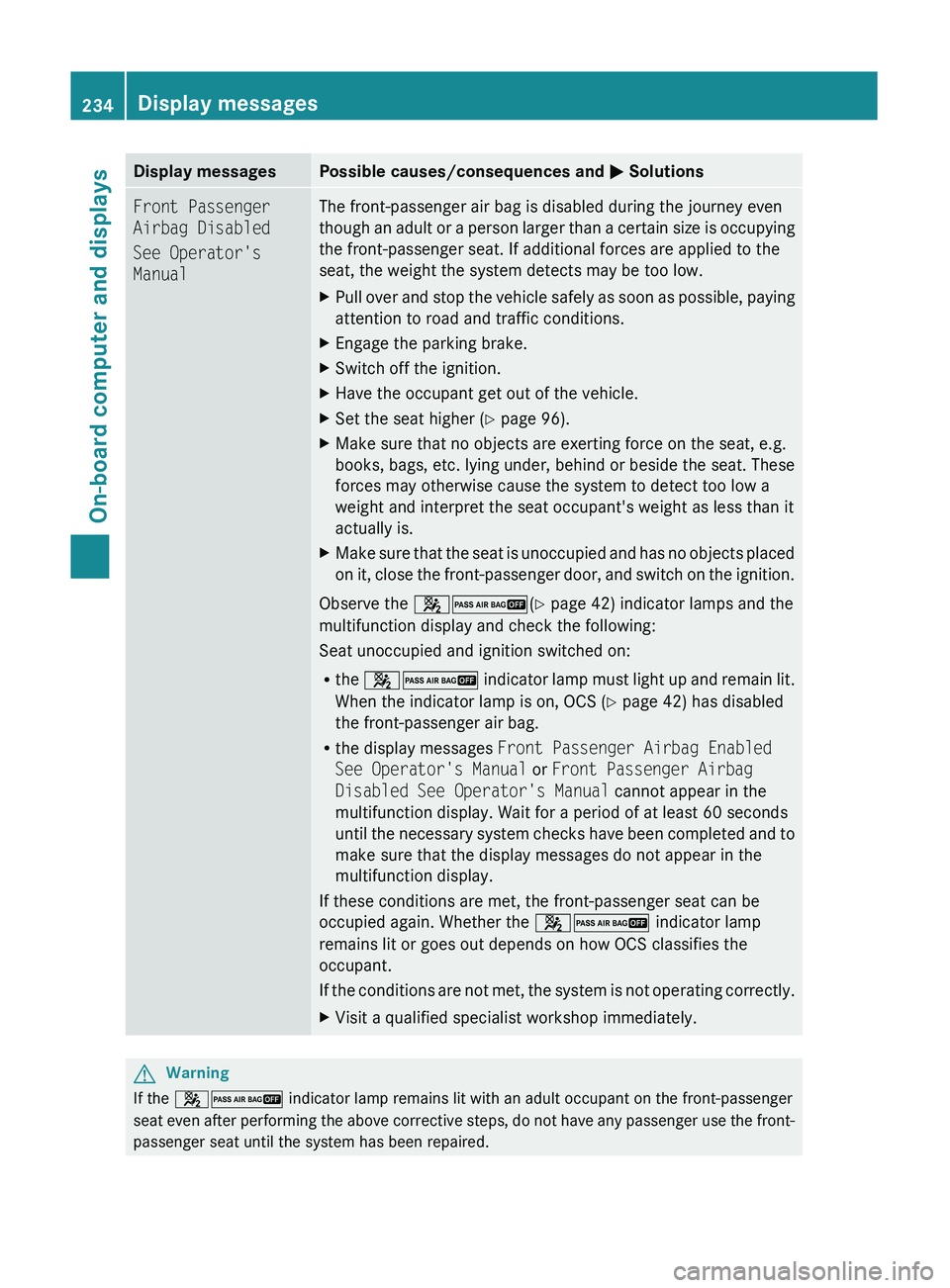 MERCEDES-BENZ GL 2011  Owners Manual Display messagesPossible causes/consequences and M SolutionsFront Passenger 
Airbag Disabled
See Operator's 
ManualThe front-passenger air bag is disabled during the journey even
though an adult o