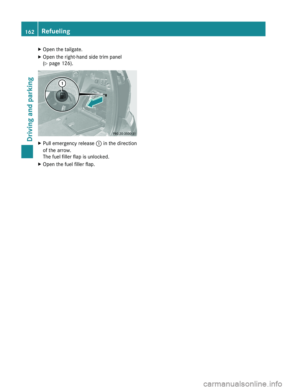 MERCEDES-BENZ GL 2012  Owners Manual XOpen the tailgate.XOpen the right-hand side trim panel
( Y  page 126).XPull emergency release  : in the direction
of the arrow.
The fuel filler flap is unlocked.XOpen the fuel filler flap.162Refuelin