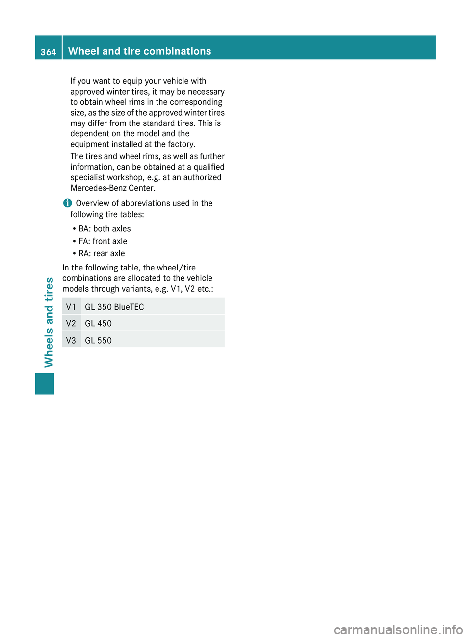 MERCEDES-BENZ GL 2012  Owners Manual If you want to equip your vehicle with
approved winter tires, it may be necessary
to obtain wheel rims in the corresponding
size, as the size of the approved winter tires
may differ from the standard 