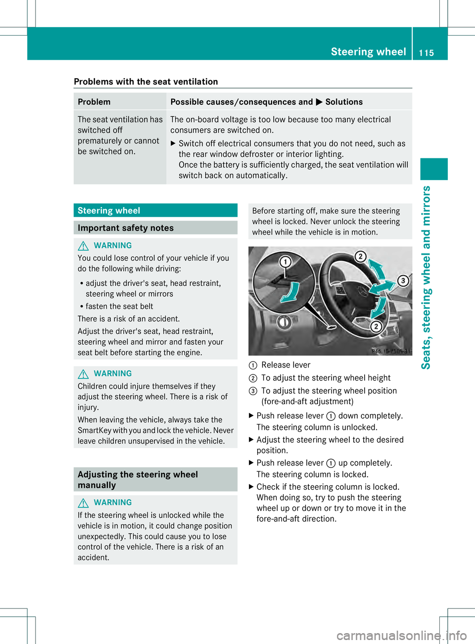 MERCEDES-BENZ GL 2013 Owners Manual Problems with the seat ventilation
Problem Possible causes/consequences and
0001 Solutions
The seat ventilation has
switched off
prematurely or cannot
be switched on. The on-board voltage is too low b MERCEDES-BENZ GL 2013 Owners Manual Problems with the seat ventilation
Problem Possible causes/consequences and
0001 Solutions
The seat ventilation has
switched off
prematurely or cannot
be switched on. The on-board voltage is too low b