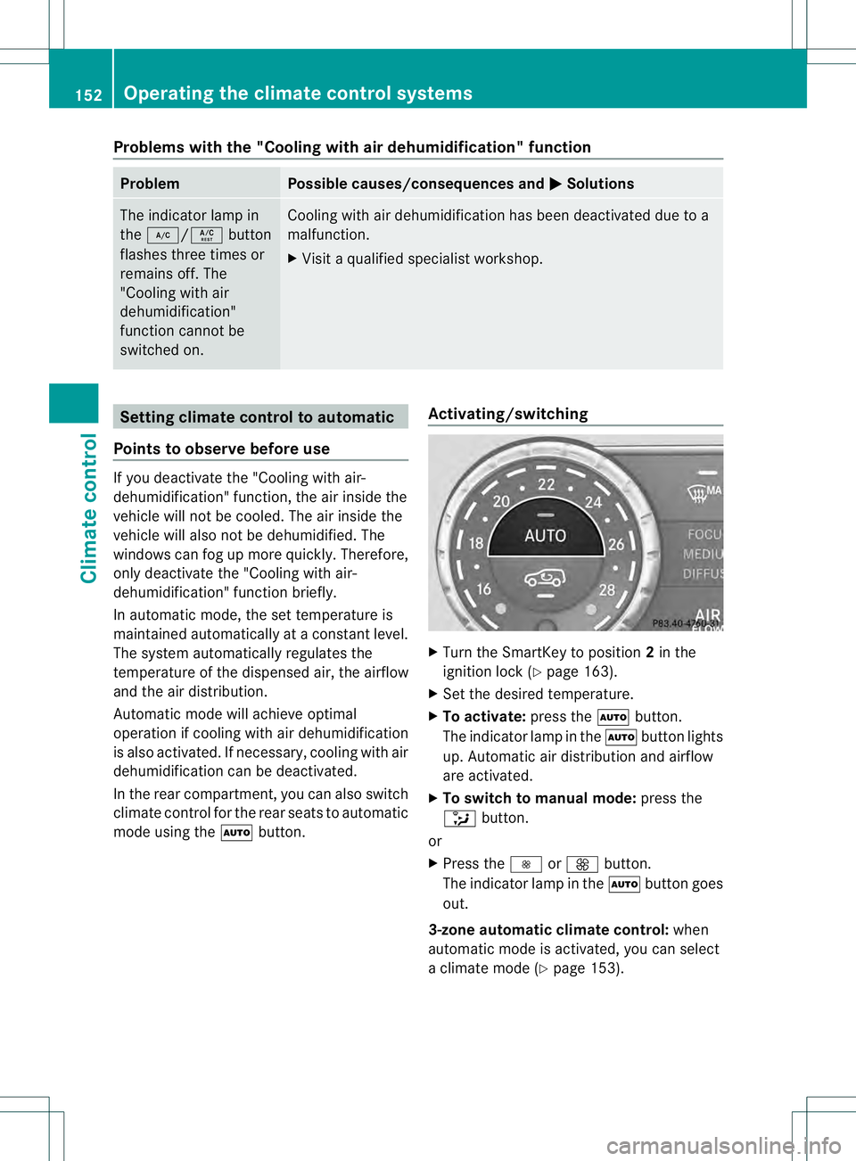 MERCEDES-BENZ GL 2013 Owners Manual Problems with the "Cooling with air dehumidification" function
Problem Possible causes/consequences and
0001 Solutions
The indicator lamp in
the
0007/0005 button
flashes three times or
remains MERCEDES-BENZ GL 2013 Owners Manual Problems with the "Cooling with air dehumidification" function
Problem Possible causes/consequences and
0001 Solutions
The indicator lamp in
the
0007/0005 button
flashes three times or
remains