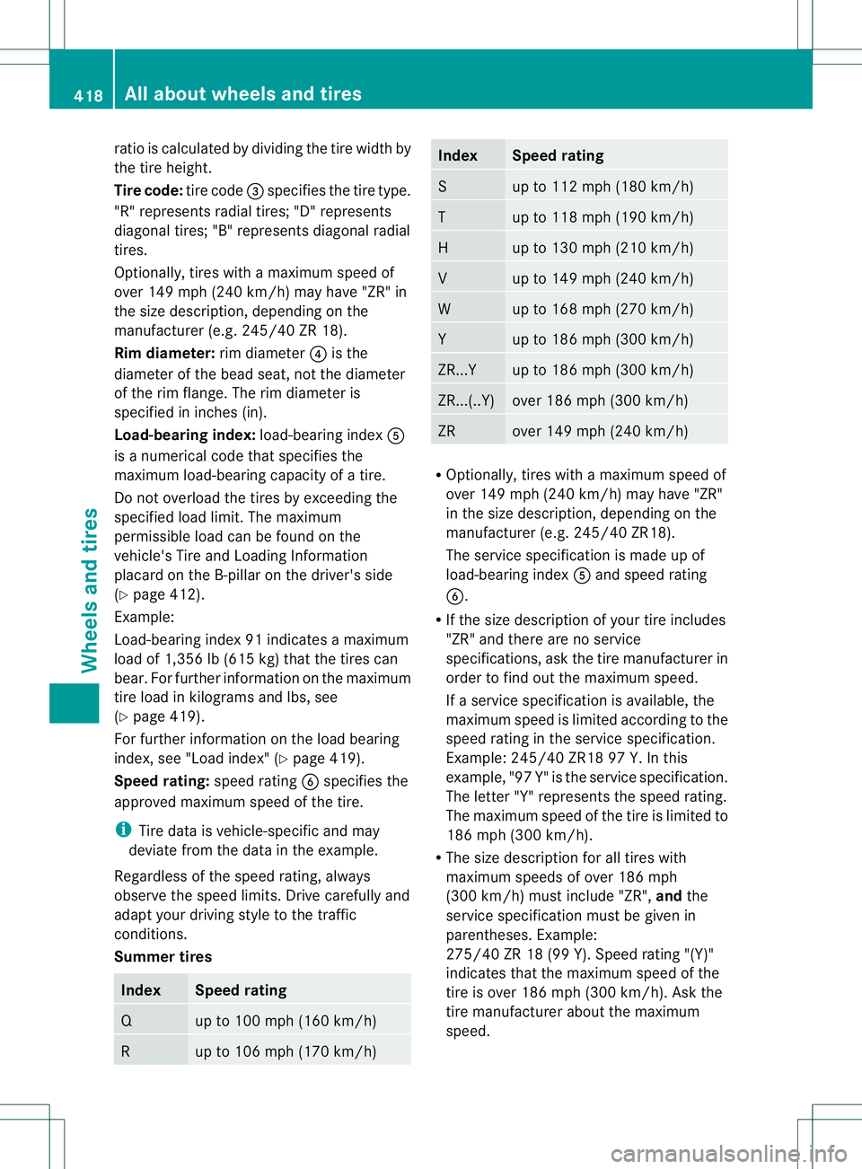 MERCEDES-BENZ GL 2013  Owners Manual ratio is calculated by dividing the tire width by
the tire height.
Tire code:
tire code0021specifies the tire type.
"R" represents radial tires; "D" represents
diagonal tires; "B&#