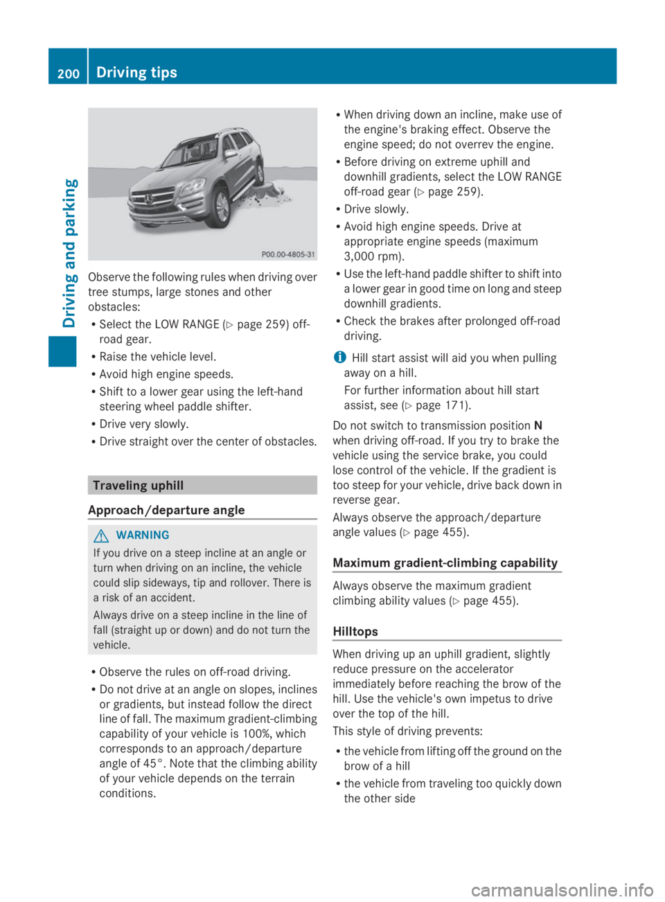 MERCEDES-BENZ GL 2014 Owners Manual Observe the following rules when driving over
tree stumps, large stones and other
obstacles:
RSelect the LOW RANGE (Ypage 259) off-
road gear.
RRaise the vehicle level.
RAvoid high engine speeds.
RShi MERCEDES-BENZ GL 2014 Owners Manual Observe the following rules when driving over
tree stumps, large stones and other
obstacles:
RSelect the LOW RANGE (Ypage 259) off-
road gear.
RRaise the vehicle level.
RAvoid high engine speeds.
RShi