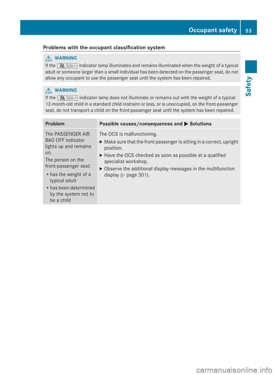 MERCEDES-BENZ GL 2014  Owners Manual Problems with the occupant classification system
GWARNING
If the�s�tindicator lamp illuminates and remains illuminated when the weight of a typical
adult or someone larger than a small individual has 