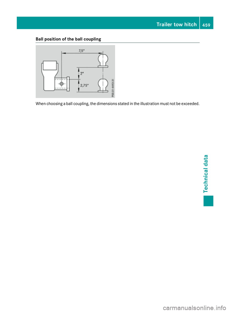 MERCEDES-BENZ GL 2016  Owners Manual Ball position of the ball coupling
When choosing a ball coupling, the dimensions stated in the illustration must not be exceeded. Trailer tow hitch 459
Technical data Z 