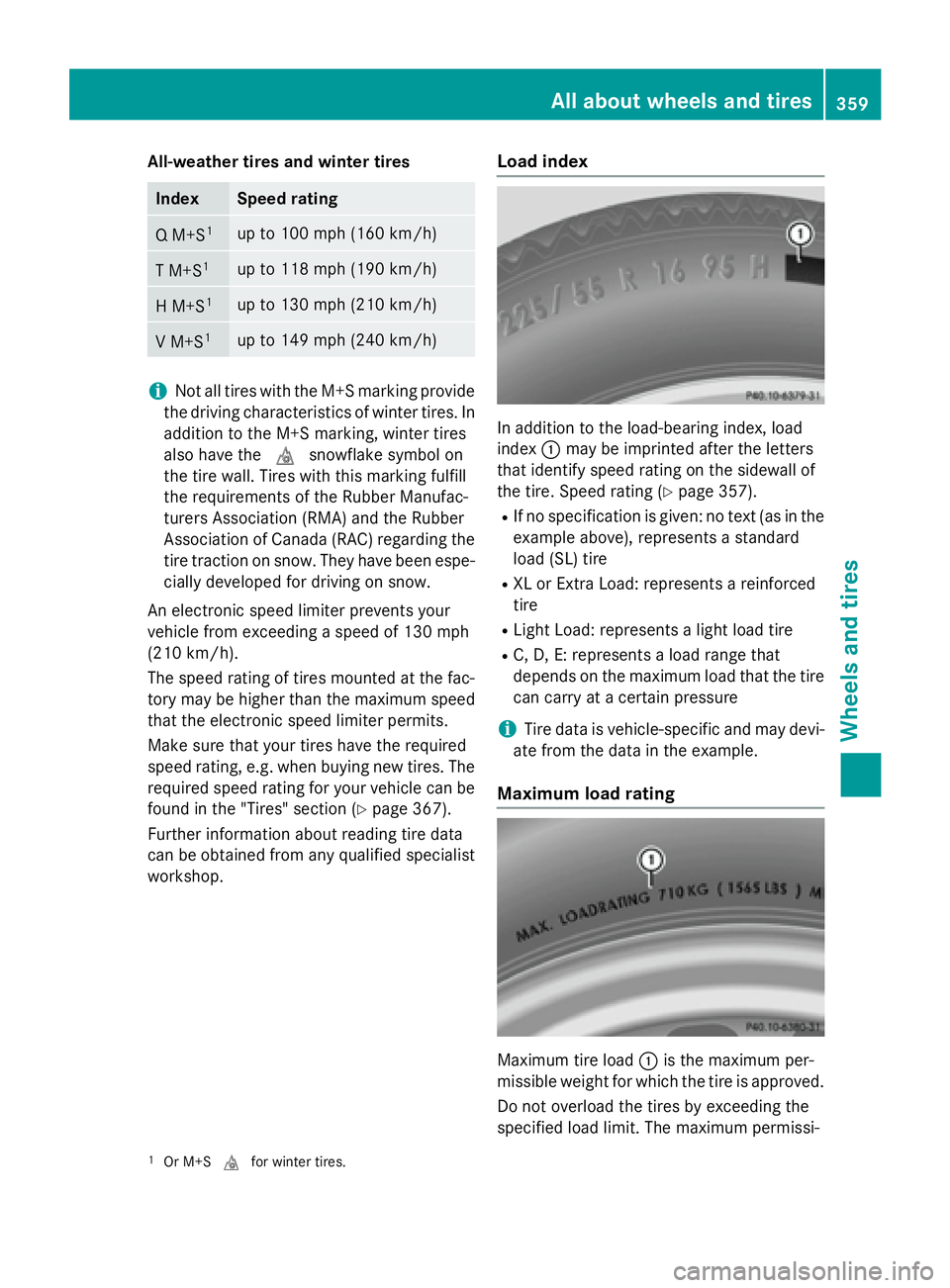 MERCEDES-BENZ GLA 2016 Owners Manual All-weather tires and winter tires
Index Speed ra ting
Q M+S 1
up to 100 mph (160 km/h)
T M+S 1
up to 118 mph (190 km/h)
H M+S 1
up to 130 mph (210 km/h)
V M+S 1
up to 149 mph (240 km/h)
i Not all tir MERCEDES-BENZ GLA 2016 Owners Manual All-weather tires and winter tires
Index Speed ra ting
Q M+S 1
up to 100 mph (160 km/h)
T M+S 1
up to 118 mph (190 km/h)
H M+S 1
up to 130 mph (210 km/h)
V M+S 1
up to 149 mph (240 km/h)
i Not all tir