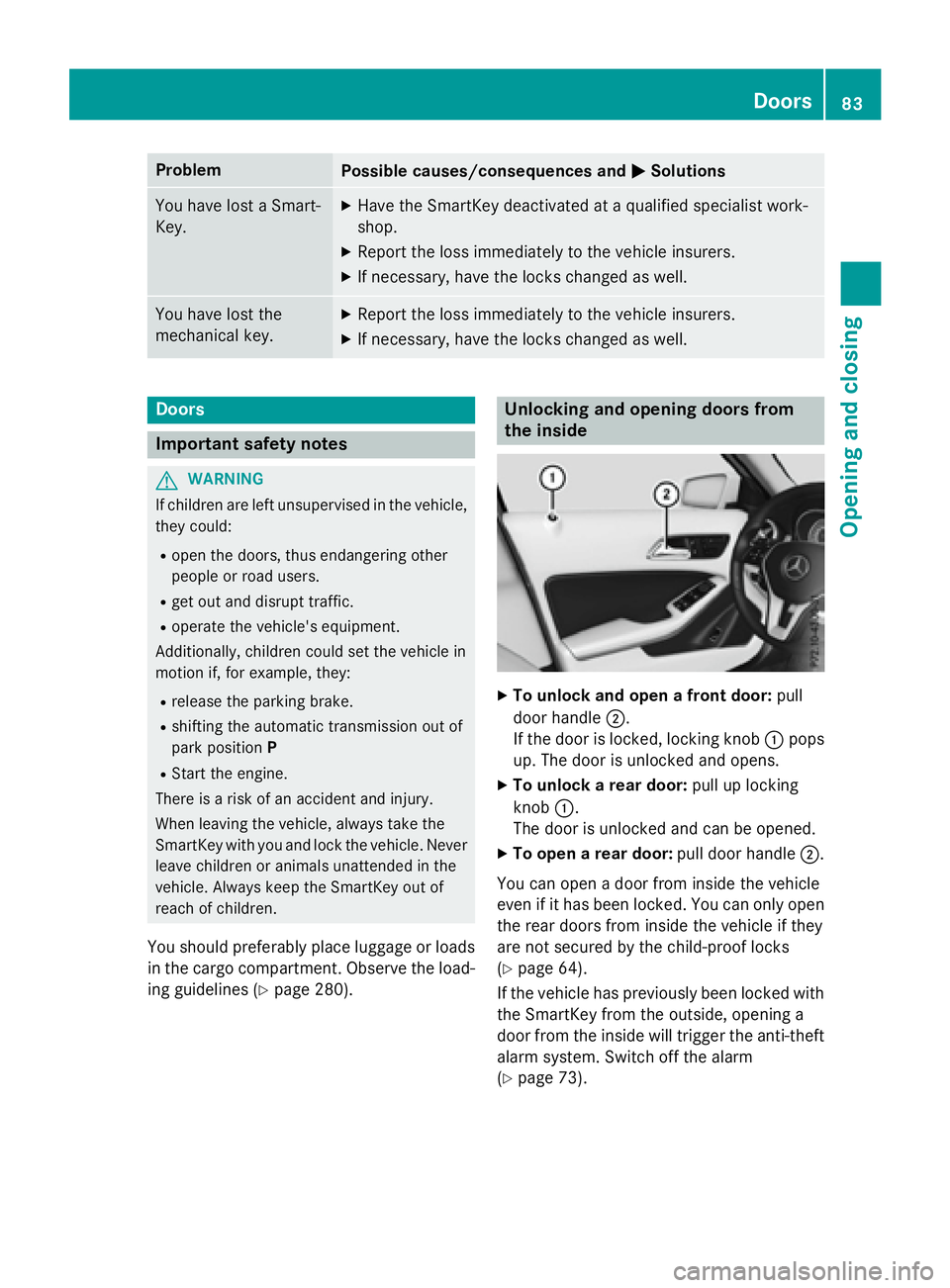 MERCEDES-BENZ GLA 2016  Owners Manual Problem
Possible causes/consequences and �P Solutions
You have lost a Smart-
Key. X
Have the SmartKey deactivated at a qualified specialist work-
shop. X
Report the loss immediately to the vehicle ins