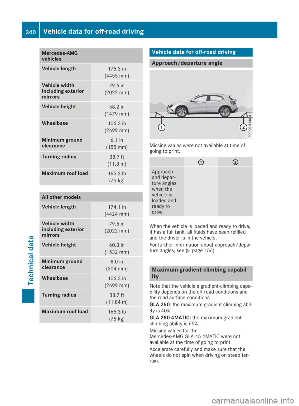 MERCEDES-BENZ GLA 2019 Owners Manual Mercedes‑AMGvehicles
Vehicle length175.3 in
(4455 mm)
Vehicle widthincluding exteriormirrors
79.6 in
(2022 mm)
Vehicle height58.2 in
(1479 mm)
Wheelbase106.3 in
(2699 mm)
Minimum groundclearance6.1 MERCEDES-BENZ GLA 2019 Owners Manual Mercedes‑AMGvehicles
Vehicle length175.3 in
(4455 mm)
Vehicle widthincluding exteriormirrors
79.6 in
(2022 mm)
Vehicle height58.2 in
(1479 mm)
Wheelbase106.3 in
(2699 mm)
Minimum groundclearance6.1