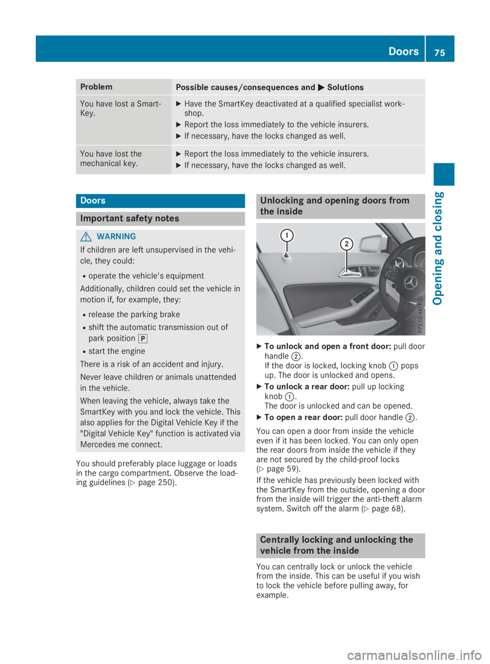 MERCEDES-BENZ GLA 2019  Owners Manual ProblemPossible causes/consequences and�P�PSolutions
You have lost a Smart-Key.XHave the SmartKey deactivated at a qualified specialist work-shop.
XReport the loss immediately to the vehicle insurers.