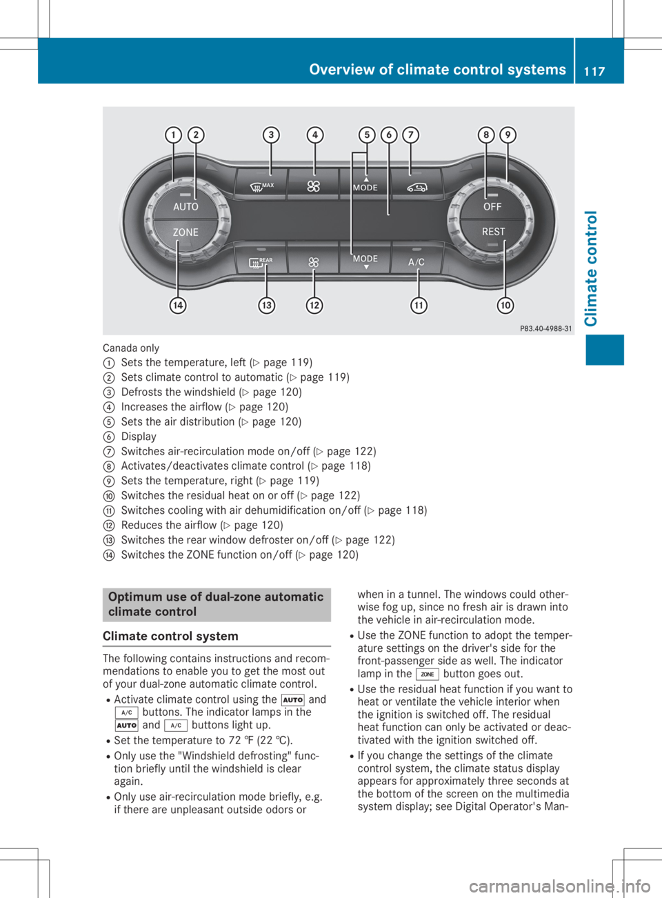 MERCEDES-BENZ GLA 2020  Owners Manual Canada
only
0043 Setsth ete mper ature,left (Ypage 119)
0044 Setsclim atecontrol to auto matic(Y page 119)
0087 Defrost sth ewind shield(Y page 120)
0085 Incr eases theairf low (Ypage 120)
0083 Setsth