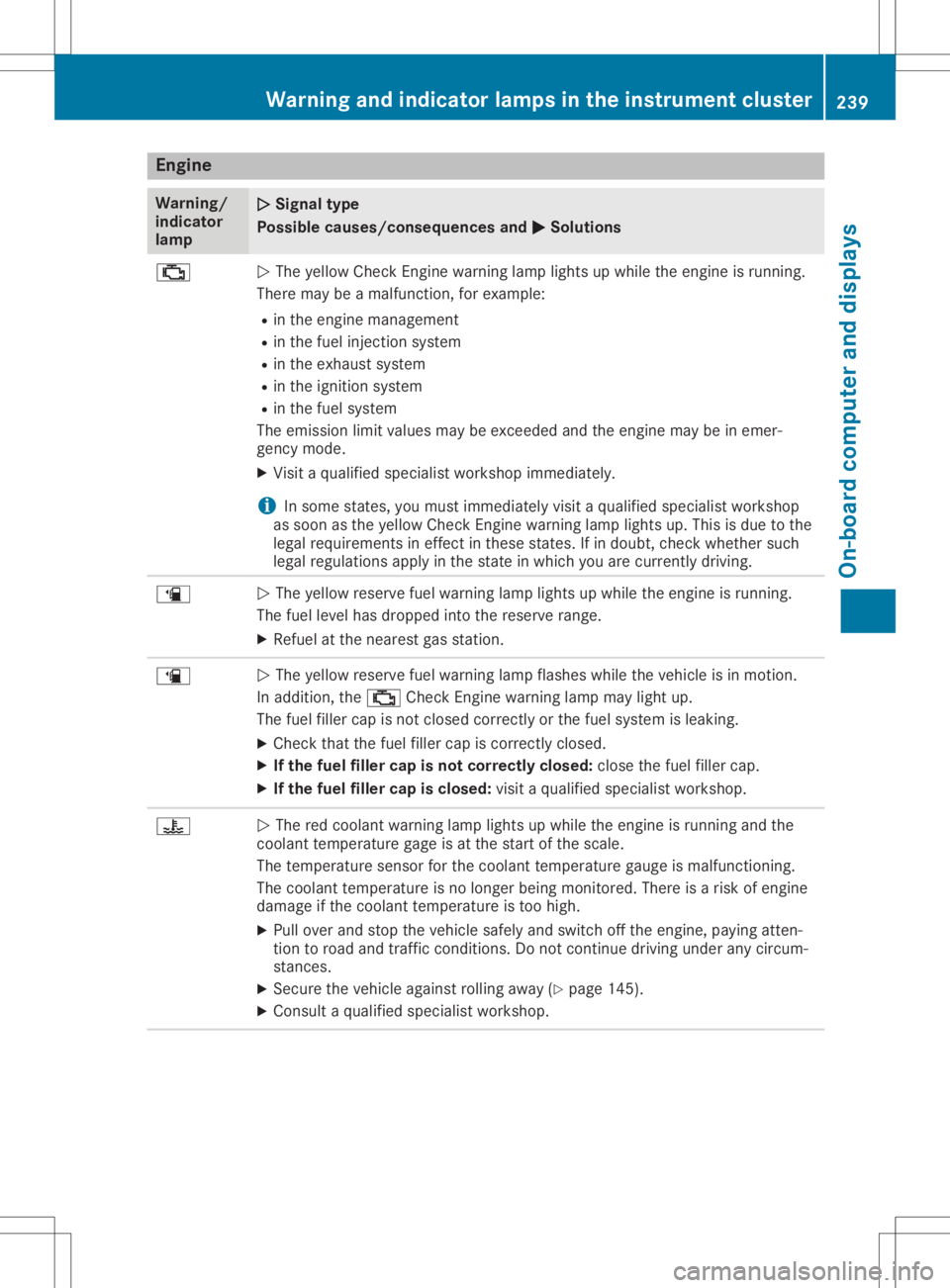 MERCEDES-BENZ GLA 2020  Owners Manual Engine
Wa
rning/
ind icat or
lam p 00510051
Signa lty pe
Possi blecauses/cons equences and0050 0050
Solu tions 00B9
0051
The yellow CheckEn gin ewarn inglamp lightsup while theeng ineisrun ning.
Ther 