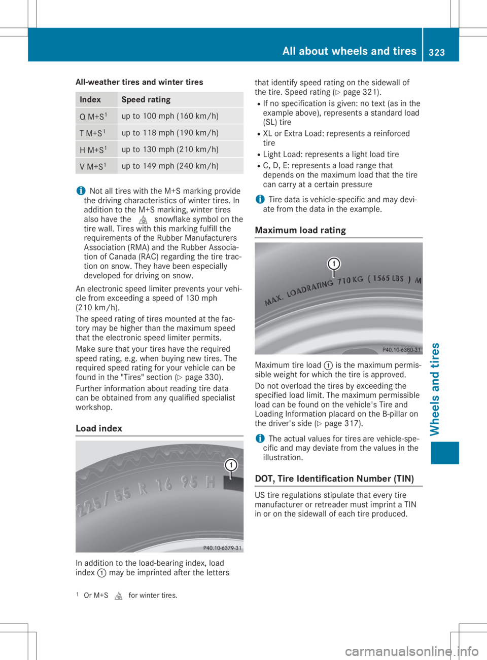 MERCEDES-BENZ GLA 2020  Owners Manual All-wea
ther tires and wint ertires Inde
x Sp
eed ratin g Q
M+S 1 up
to100mph (160km /h) T
M+S 1 up
to118mph (190km /h) H
M+S 1 up
to130mph (210km /h) V
M+S 1 up
to149mph (240km /h) i
Not
alltires wit