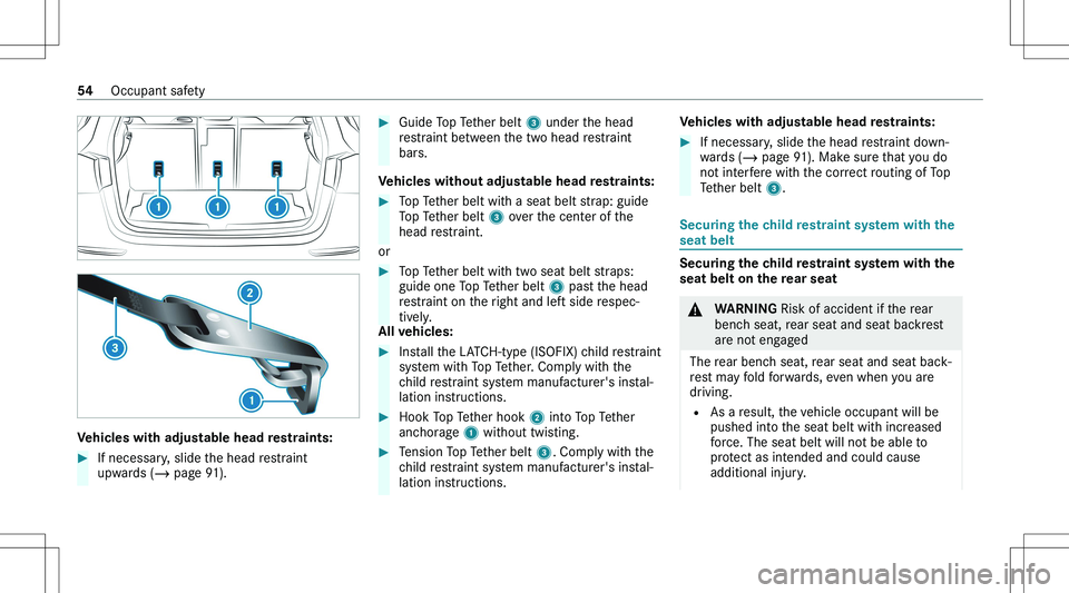 MERCEDES-BENZ GLA 2021  Owners Manual �V�e�h�i�c�l�e�s��w�i�t�h��a�d�j�u�s�t�a�b�l�e��h�e�a�d��r�e�s�t�r�a�i�n�t�s�:
��I�f� �n�e�c�e�s�s�a�r�y�,� �s�l�i�d�e� �t�h�e� �h�e�a�d� �r�e�s�t�r�a�i�n�t
�u�p�w�a�r�d�s� �( �� �p�a�g�e� �9�1�
