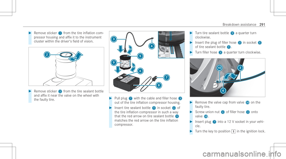 MERCEDES-BENZ GLA 2022  Owners Manual #
Remo vesticker 1 from thetir ein0 ation com-
pr essor housing anda1x itto theinst rument
clus terwit hin thedr iver's /eld ofvision. #
Remo vesticker 2 from thetir esealant bottle
and a1x it