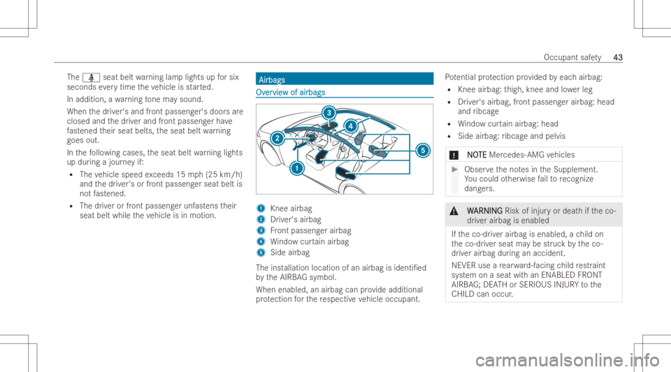 MERCEDES-BENZ GLA 2022 Owners Manual The
00E9 seatbel twa rning lamplights upforsix
seconds everytime theve hicle isstar ted.
In addition, awa rning tone maysou nd.
Whe nth edr iver's andfront passeng er'sdoor sar e
closed andthe MERCEDES-BENZ GLA 2022 Owners Manual The
00E9 seatbel twa rning lamplights upforsix
seconds everytime theve hicle isstar ted.
In addition, awa rning tone maysou nd.
Whe nth edr iver's andfront passeng er'sdoor sar e
closed andthe