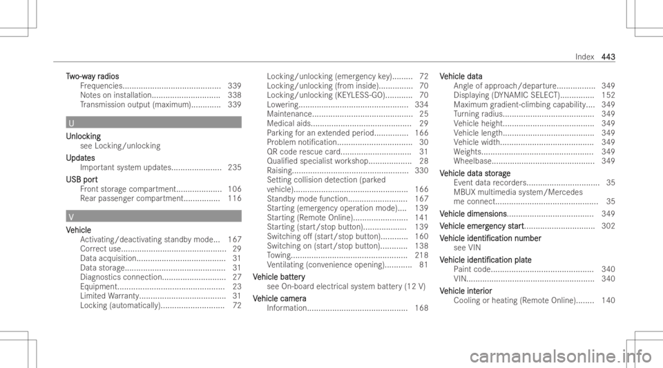 MERCEDES-BENZ GLA 2022 Owners Manual TT
w w
o-w a o-w
ay r y
radios adios
Fr eq uencies. ..........................................339
No teson installation .............................. 338
Tr ansmi ssionoutput (maximum )............. MERCEDES-BENZ GLA 2022 Owners Manual TT
w w
o-w a o-w
ay r y
radios adios
Fr eq uencies. ..........................................339
No teson installation .............................. 338
Tr ansmi ssionoutput (maximum ).............