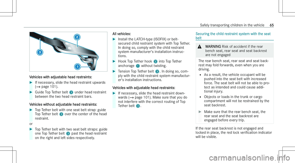 MERCEDES-BENZ GLA 2023  Owners Manual �V�e�h�i�c�l�e�s� �w�i�t�h� �a�d�j�u�s�t�a�b�l�e� �h�e�a�d� �r�e�s�t�r�a�i�n�t�s�:
��I�f� �n�e�c�e�s�s�a�r�y�,� �s�l�i�d�e� �t�h�e� �h�e�a�d� �r�e�s�t�r�a�i�n�t� �u�p�w�a�r�d�s
�( � � �p�a�g�e� �1�0