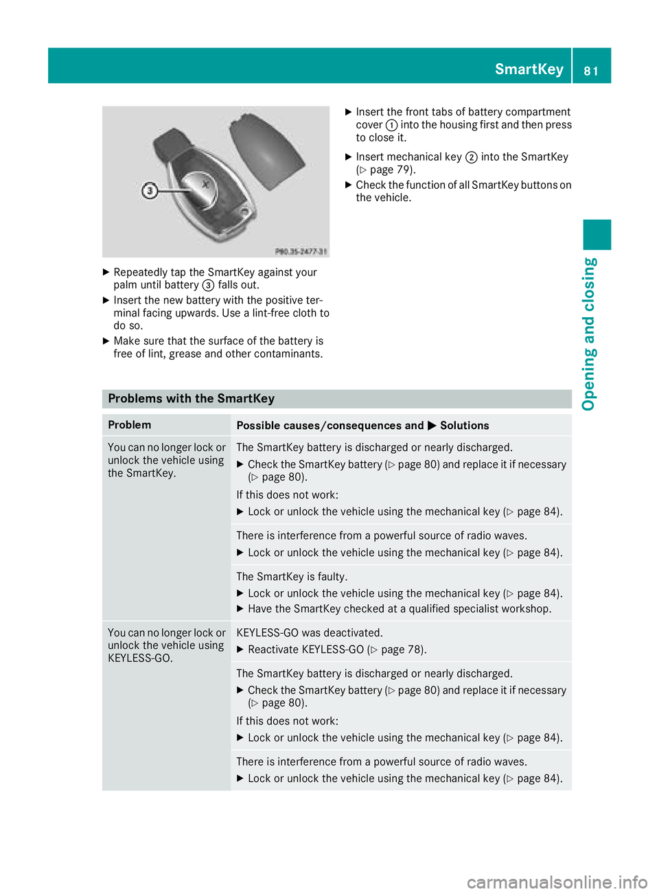 MERCEDES-BENZ GLC 2017  Owners Manual X
Repeatedly tap th e SmartKey against your
palm until battery �
