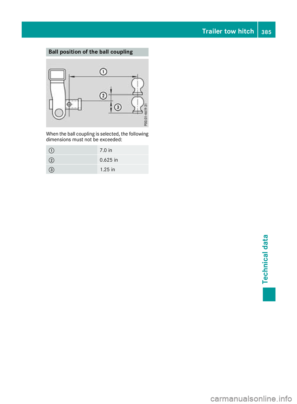 MERCEDES-BENZ GLC 2018  Owners Manual Ball position of the ball coupling
When the ball coupling is selected, the following
dimensions must not be exceeded:
�C
7.0 in
�D
0.625 in
�