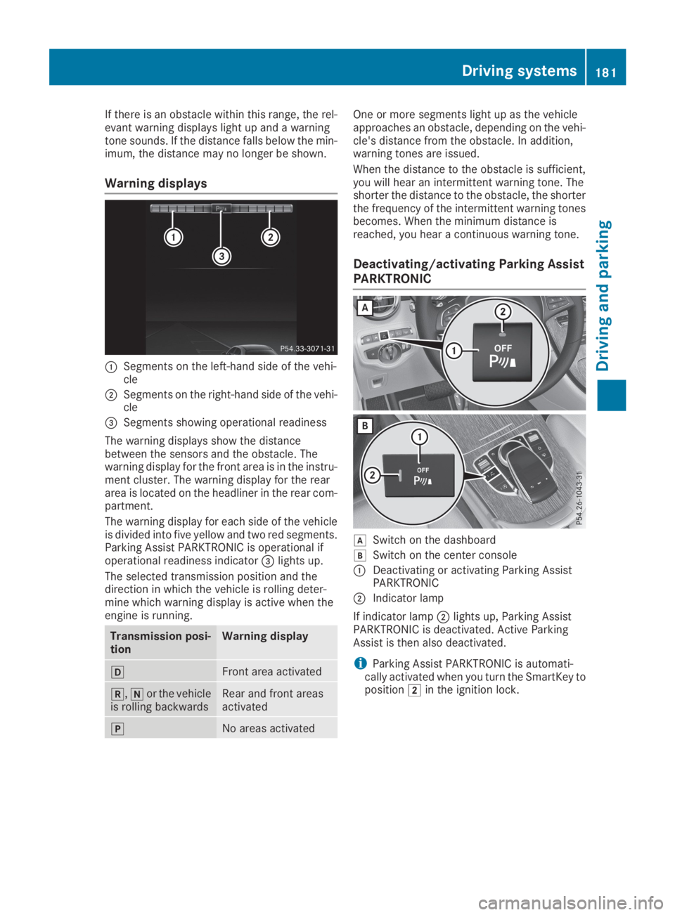 MERCEDES-BENZ GLC 2019  Owners Manual If there is an obstacle within this range, the rel-evant warning displays light up and a warningtone sounds. If the distance falls below the min-imum, the distance may no longer be shown.
Warning disp