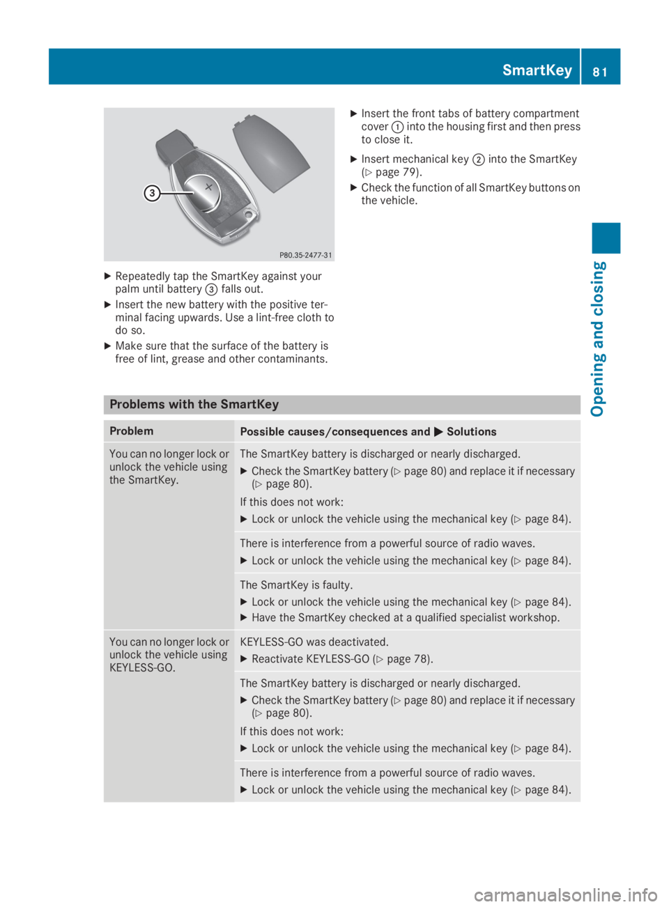 MERCEDES-BENZ GLC 2019  Owners Manual XRepeatedly tap the SmartKey against yourpalm until battery�