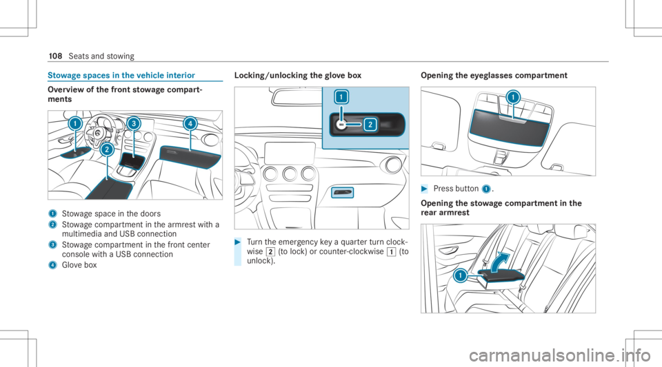 MERCEDES-BENZ GLC 2020  Owners Manual St
ow agespace sin theve hicl eint erior Ov
ervie wof thefront stowage com part‐
men ts 1
Stow agespac ein thedoor s
2 Stow agecom partment inthear mr estwit ha
multimedia andUSB connect ion
3 Stow 