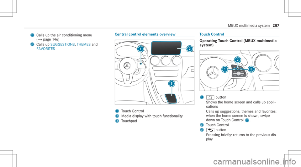 MERCEDES-BENZ GLC 2020  Owners Manual B
Calls uptheair con ditionin gmenu
(/ page14 6)
C Calls up SUGG ESTIONS ,THEMES and
FAVORIT ES Ce
ntr alco ntr olele ments overview 1
Touc hCon trol
2 Media displaywit hto uc hfun ction alit y
3 Touc