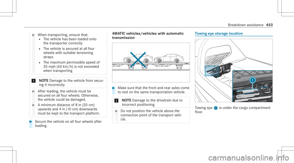 MERCEDES-BENZ GLC 2020 Owners Manual #
When transpor ting,ensur eth at:
R The vehicle hasbeen loaded onto
th etranspor tercor rectl y
R The vehicle issecur edatall four
wheel swit hsuit able tensi oni ng
st ra ps
R The maximum permissibl MERCEDES-BENZ GLC 2020 Owners Manual #
When transpor ting,ensur eth at:
R The vehicle hasbeen loaded onto
th etranspor tercor rectl y
R The vehicle issecur edatall four
wheel swit hsuit able tensi oni ng
st ra ps
R The maximum permissibl