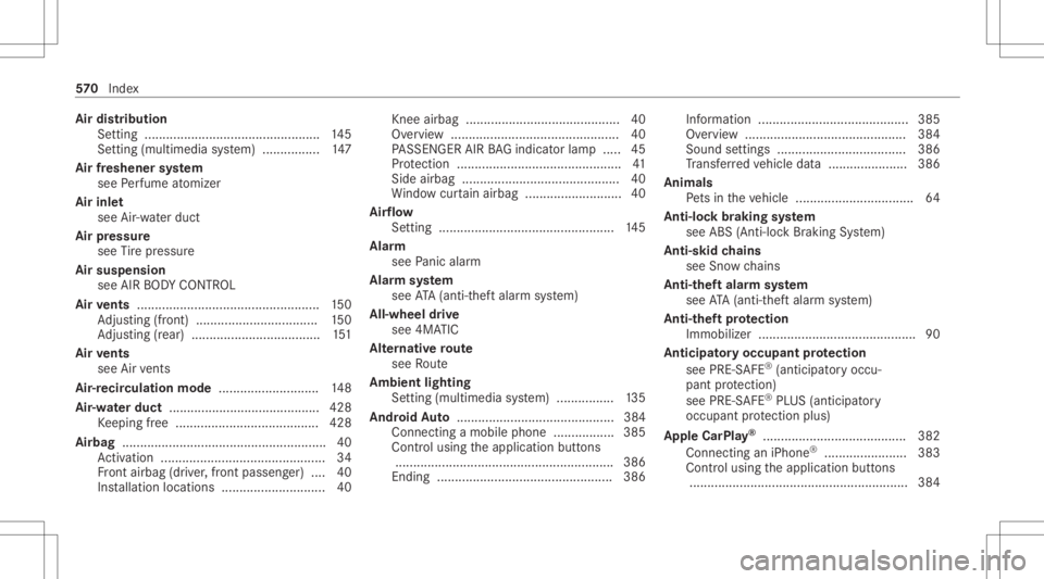 MERCEDES-BENZ GLC 2020 Owners Manual Air
distribut ion
Se tting ............................................ .....1 45
Se tting (multime diasystem) ................1 47
Air freshen ersystem
see Perfume atomiz er
Air inle t
see Air-water MERCEDES-BENZ GLC 2020 Owners Manual Air
distribut ion
Se tting ............................................ .....1 45
Se tting (multime diasystem) ................1 47
Air freshen ersystem
see Perfume atomiz er
Air inle t
see Air-water