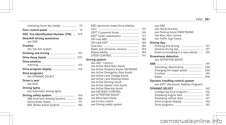 MERCEDES-BENZ GLC 2020 Owners Manual Un
loc kin g(fr om theinside) ...................7 0
Door controlpan el.....................................1 6
DO T,Tire Iden tificat ionNumbe r(TI N) ... 472
Do wnhi lldr ivin gass istance
see DSR
D MERCEDES-BENZ GLC 2020 Owners Manual Un
loc kin g(fr om theinside) ...................7 0
Door controlpan el.....................................1 6
DO T,Tire Iden tificat ionNumbe r(TI N) ... 472
Do wnhi lldr ivin gass istance
see DSR
D