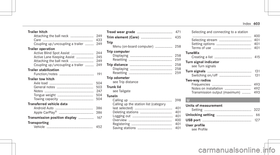 MERCEDES-BENZ GLC 2020 Owners Manual Tr
aile rhitc h
At tach ing theball neck........................ 249
Car e................................................ .... 433
Couplin gup/un couplin gatrailer .........2 49
Tr aile roper ation
A MERCEDES-BENZ GLC 2020 Owners Manual Tr
aile rhitc h
At tach ing theball neck........................ 249
Car e................................................ .... 433
Couplin gup/un couplin gatrailer .........2 49
Tr aile roper ation
A