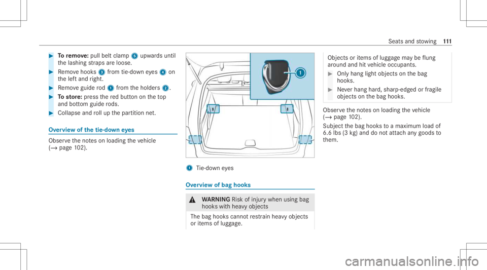 MERCEDES-BENZ GLC 2021  Owners Manual #
Toremo ve:pu llbe ltcla mp 5upw ards unt il
th elashing stra ps areloose. #
Remo vehook s3 from tie-do wneyes4 on
th elef tand right. #
Remo veguide rod1 from theholder s2. #
Tosto re:pr ess there d