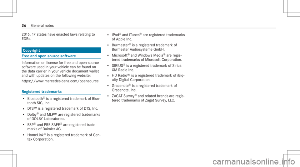 MERCEDES-BENZ GLC 2021 Owners Manual 20
16 ,17 stat es have enact edlaws relatin gto
EDRs . Co
pyright Fr
ee and open sourcesof tware In
fo rm atio non lice nsefo rfr ee and open-sou rce
sof twareused inyour vehicle canbefound on
th edat MERCEDES-BENZ GLC 2021 Owners Manual 20
16 ,17 stat es have enact edlaws relatin gto
EDRs . Co
pyright Fr
ee and open sourcesof tware In
fo rm atio non lice nsefo rfr ee and open-sou rce
sof twareused inyour vehicle canbefound on
th edat