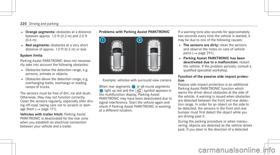 MERCEDES-BENZ GLC 2022  Owners Manual R
Orang esegments: obstacle sat adi st anc e
be tween appr ox.1. 0 ft (0.3 m)and 2.0ft
(0.6 m)
R Redse gme nts: obstacle sat ave ry shor t
dis tance ofapprox .1. 0 ft (0.3 m)orless
Sy stem limit s
Pa 