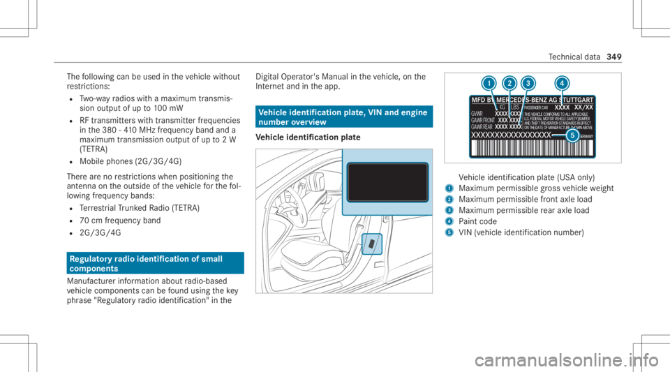 MERCEDES-BENZ GLC 2022  Owners Manual The
follo wing canbeused intheve hicle without
re strictions :
R Two-w ayradios withamaximum transmis ‐
sion output ofup to100mW
R RFtransmi tter swit htransmi tter freq uenci es
in the380 -41 0MHz 