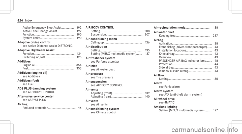 MERCEDES-BENZ GLC 2022 Owners Manual Ac
tiveEmerg encyStop Assis t............... 192
Ac tiveLa ne Chang eAssi st<0011001100110011001100110011001100110011001100110011001100110011
0011001100110011> 192
Fu nctio n...<0011001100110011001100 MERCEDES-BENZ GLC 2022 Owners Manual Ac
tiveEmerg encyStop Assis t............... 192
Ac tiveLa ne Chang eAssi st<0011001100110011001100110011001100110011001100110011001100110011
0011001100110011> 192
Fu nctio n...<0011001100110011001100