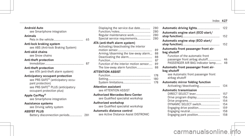 MERCEDES-BENZ GLC 2022 Owners Manual Andr
oidAuto
see Smar tphone integr ation
Animals Pets intheve hicle ................................... 65
Anti-loc kbr aking system
see ABS(An ti-loc kBr akin gSy stem)
Anti-skid chains
see Snowch a MERCEDES-BENZ GLC 2022 Owners Manual Andr
oidAuto
see Smar tphone integr ation
Animals Pets intheve hicle ................................... 65
Anti-loc kbr aking system
see ABS(An ti-loc kBr akin gSy stem)
Anti-skid chains
see Snowch a