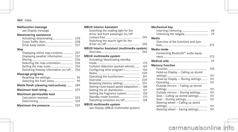 MERCEDES-BENZ GLC 2022 Owners Manual Malfunc
tionmessag e
see Displa ymessa ge
Maneuv ering assis tance
Ac tivati ng/d eactiv ating........... ..............228
Cr oss Traf fic Aler <005700110011001100110011001100110011001100110011001100 MERCEDES-BENZ GLC 2022 Owners Manual Malfunc
tionmessag e
see Displa ymessa ge
Maneuv ering assis tance
Ac tivati ng/d eactiv ating........... ..............228
Cr oss Traf fic Aler <005700110011001100110011001100110011001100110011001100