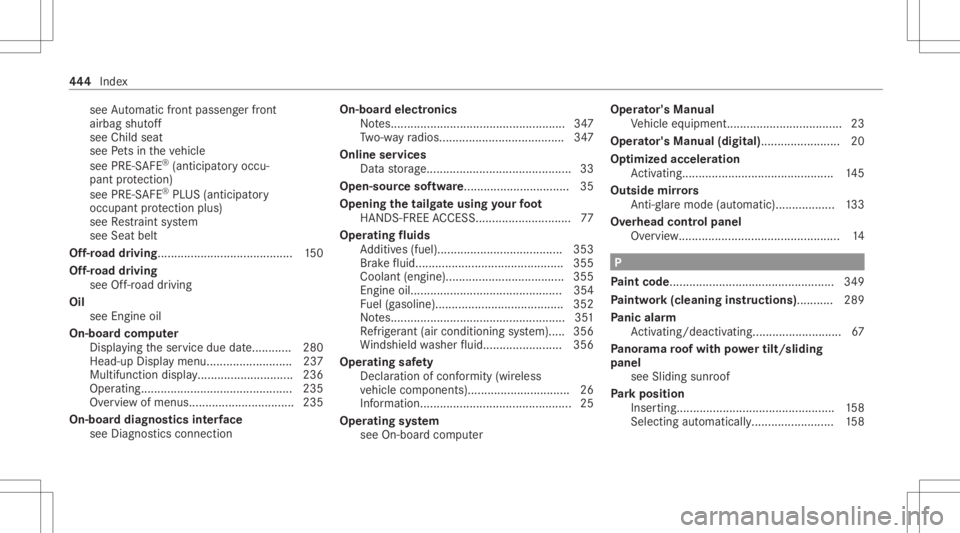 MERCEDES-BENZ GLC 2022 Owners Manual see
Automatic front pass engerfront
airb agshut off
see Childseat
see Pets intheve hicle
see PRE-S AFE®
(anticipat oryoccu‐
pant protect ion)
see PRE-S AFE®
PL US (antic ipatory
occupant protect i MERCEDES-BENZ GLC 2022 Owners Manual see
Automatic front pass engerfront
airb agshut off
see Childseat
see Pets intheve hicle
see PRE-S AFE®
(anticipat oryoccu‐
pant protect ion)
see PRE-S AFE®
PL US (antic ipatory
occupant protect i