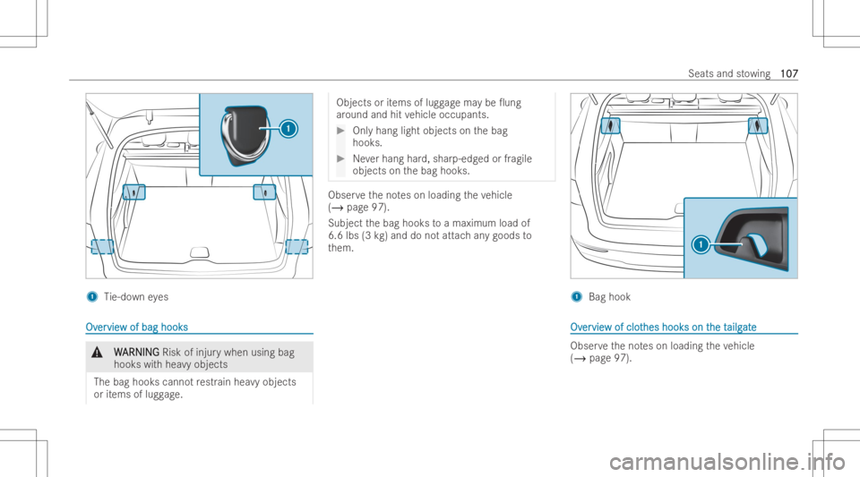 MERCEDES-BENZ GLC COUPE 2023  Owners Manual 1
Tie-do wneyes OvOv
er er
vie vie
wof bag hook s w
of bag hook s &
W W
ARNIN G ARNIN
GRisk ofinjur ywhen usingbag
hook swit hhea vyobjects
The bag hook scanno tre str ain he avyobj ect s
or items ofl