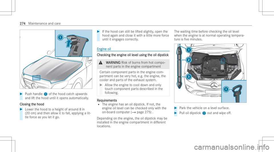 MERCEDES-BENZ GLC COUPE 2023 Owners Manual #
Push handle 1ofthehood catchupw ards
and liTthehood untilitopens automaticall y.
Closing t Closing
the hood he
hood #
Lowe rth ehood toaheig htofaroun d8 in
(20 cm) andthen allo witto fall, appl yi MERCEDES-BENZ GLC COUPE 2023 Owners Manual #
Push handle 1ofthehood catchupw ards
and liTthehood untilitopens automaticall y.
Closing t Closing
the hood he
hood #
Lowe rth ehood toaheig htofaroun d8 in
(20 cm) andthen allo witto fall, appl yi