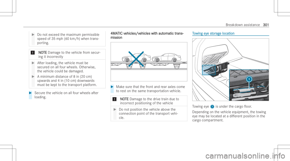 MERCEDES-BENZ GLC COUPE 2023 Owners Manual #
Donotex ceed themaximum permissible
speed of35 mph(6 0km /h)wh en tran s-
po rting. *
N NO O
TE TE
Damag eto theve hicle from secur -
ing itinco rrectl y #
ATer loading, theve hicle mustbe
secur ed MERCEDES-BENZ GLC COUPE 2023 Owners Manual #
Donotex ceed themaximum permissible
speed of35 mph(6 0km /h)wh en tran s-
po rting. *
N NO O
TE TE
Damag eto theve hicle from secur -
ing itinco rrectl y #
ATer loading, theve hicle mustbe
secur ed