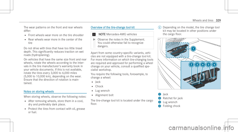 MERCEDES-BENZ GLC COUPE 2023 Owners Manual The
wearpatt erns on thefront and rear wheels
di.er :
R Front wheels wearmor eon thetir eshoulder
R Rear wheels wearmor ein thecent erofthe
tir e
Do notdr ive wit htir es that have toolittle tread
de MERCEDES-BENZ GLC COUPE 2023 Owners Manual The
wearpatt erns on thefront and rear wheels
di.er :
R Front wheels wearmor eon thetir eshoulder
R Rear wheels wearmor ein thecent erofthe
tir e
Do notdr ive wit htir es that have toolittle tread
de