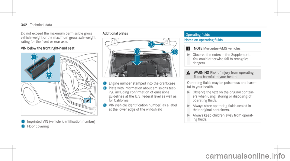 MERCEDES-BENZ GLC COUPE 2023 Owners Manual Do
notex ceed themaximum permissible gross
ve hicle weight orthemaximum gross axle weight
ra ting forth efront orrear axle.
VIN belo VIN
belo wt w
the fr he
front r ont
right -han dseat ight
-han dsea MERCEDES-BENZ GLC COUPE 2023 Owners Manual Do
notex ceed themaximum permissible gross
ve hicle weight orthemaximum gross axle weight
ra ting forth efront orrear axle.
VIN belo VIN
belo wt w
the fr he
front r ont
right -han dseat ight
-han dsea