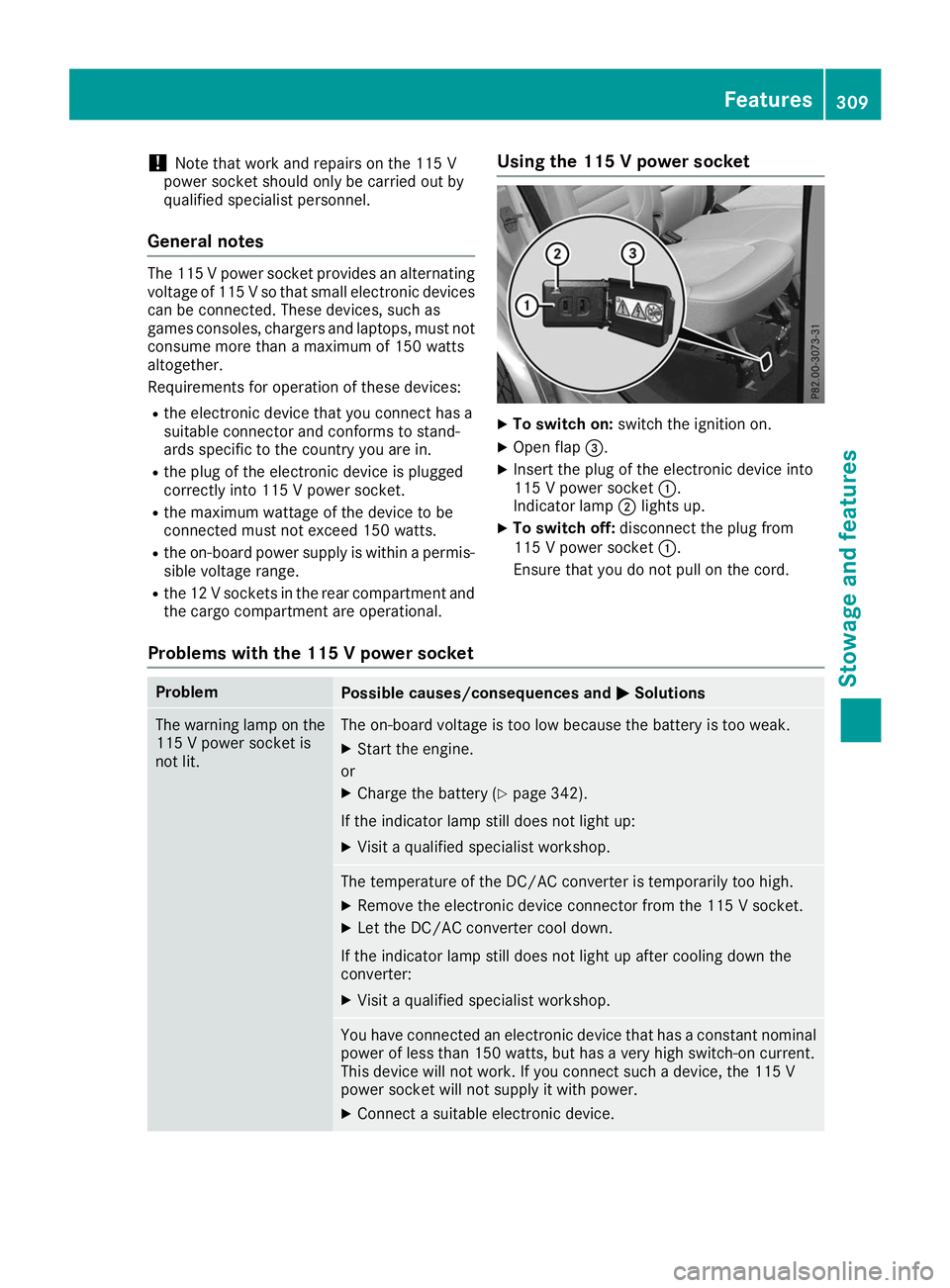 MERCEDES-BENZ GLE 2019  Owners Manual !
Note that work and repairs on the 115 V
power socket should only be carried out by
qualified specialist personnel.
General notes The 115
Vpower socket provides an alternating
voltage of 115 V so tha