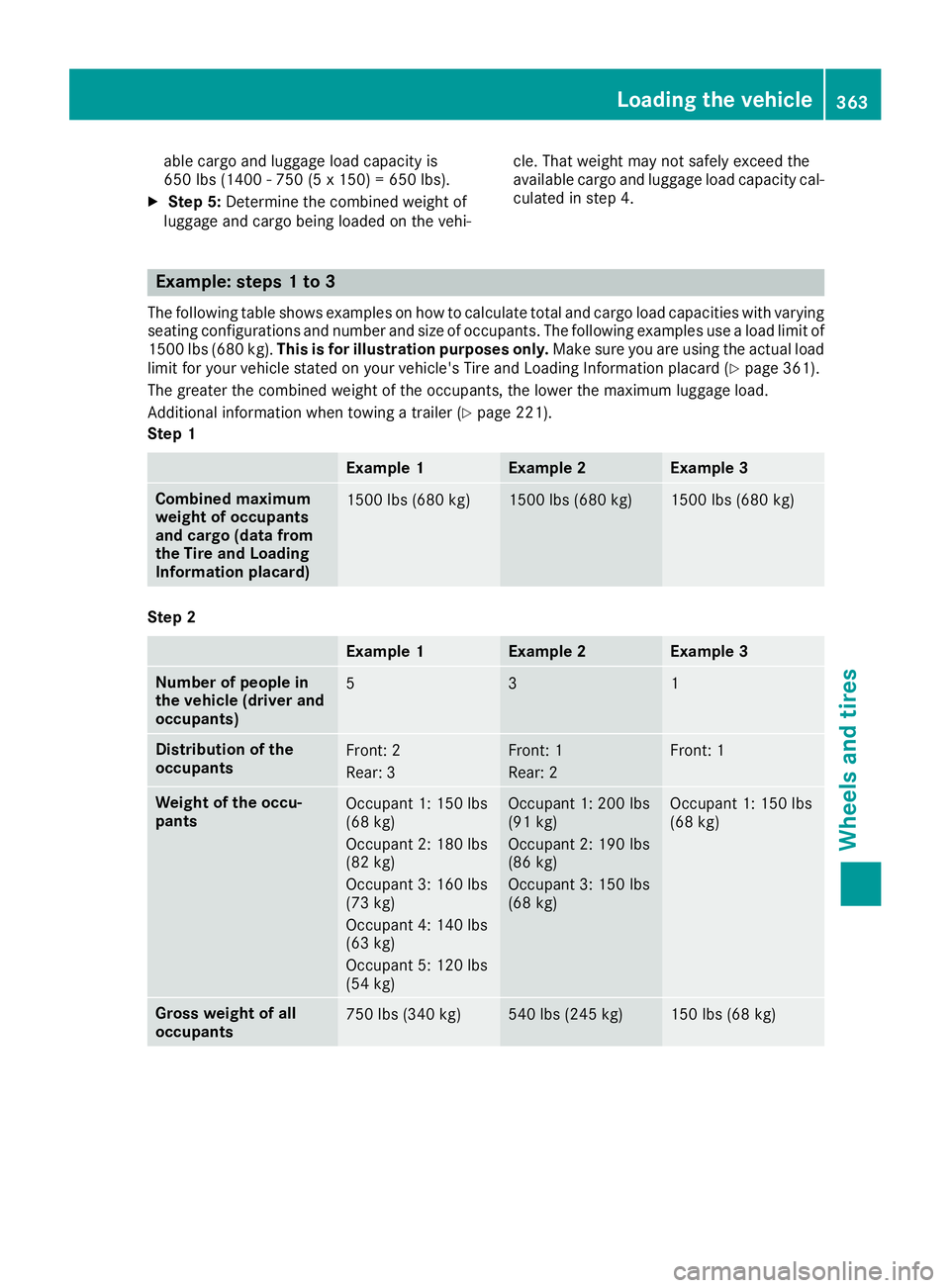 MERCEDES-BENZ GLE 2019  Owners Manual able cargo and luggage load capacity is
650 lbs (1400 - 750 (5 x 150) = 650 lbs).
X Step 5: Determine the combined weight of
luggage and cargo being loaded on the vehi- cle. That weight may not safely