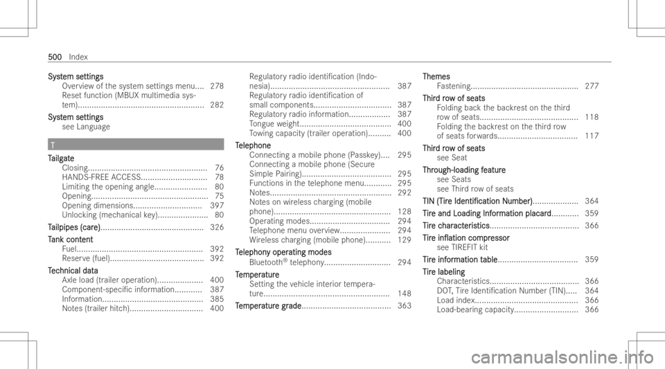 MERCEDES-BENZ GLE 2022  Owners Manual Sy
st Sy
stem se em
settings tti
ngs
Ov ervie wof thesy stem setting smenu ....278
Re setfu nct ion (MB UXmult imedi asy s-
te m).... ................................................... 282
Sy st Sy
s
