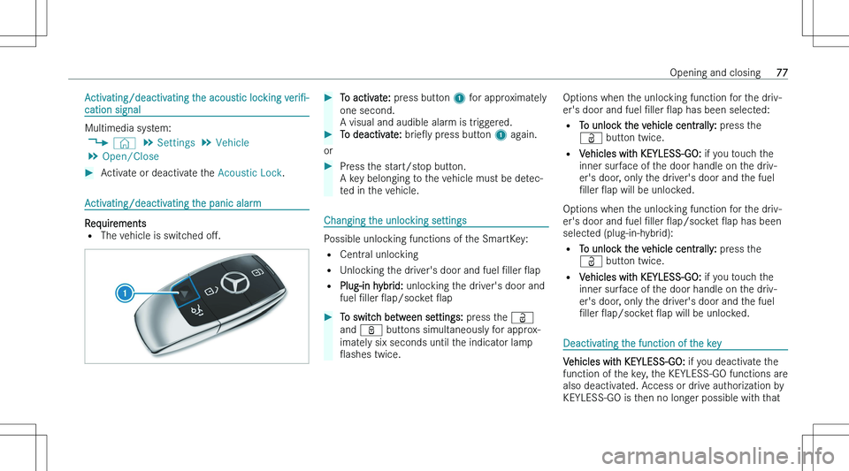 MERCEDES-BENZ GLE 2023  Owners Manual �A�c�t�i�v�a�t�i�n�g�/�d�e�a�c�t�i�v�a�t�i�n�g� �t�h�e� �a�c�o�u�s�t�i�c� �l�o�c�k�i�n�g� �v�e�r�i"N�-
�c�a�t�i�o�n � �s�i�g�n�a�l
�M�u�l�t�i�m�e�d�i�a� �s�y�s�t�e�m�:
�4 �©� �5
�S�e�t�t�i�n�g�s 